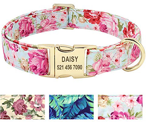 Beirui Hundehalsband mit personalisierbarem Namensschild, Blumenmuster, Premium-Hundehalsband mit Edelstahl-Schnalle, verstellbar, für kleine mittelgroße und große Hunde,Rosa Blume,S(10-15.5)