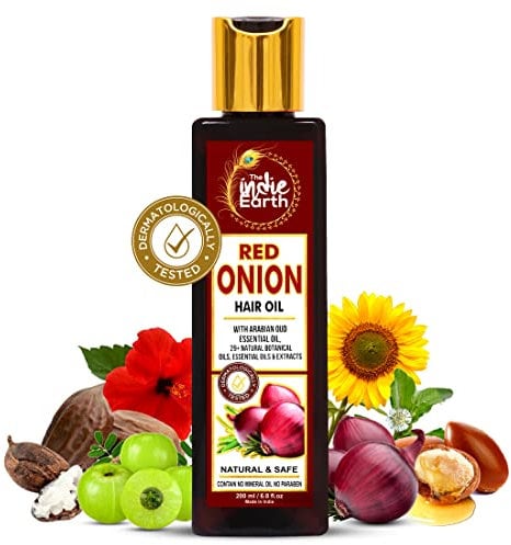 THE INDIE EARTH RED ONION HAIR OIL 200 ML - ANTI HAIR LOSS & HAIR GROWTH OIL WITH BLACK SEED, CURRY LEAF, HIBISCUS BHRINGRAJ & 29+ NATURAL OILS & EXTRACTS | BEST ANT HAIR FALL OIL
