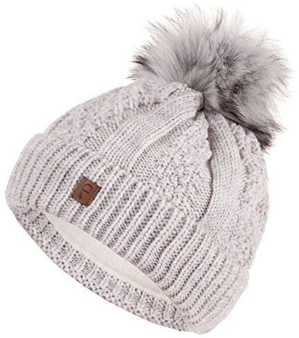 Faera Wintermütze Mütze Damen warm gefüttert Kunstfell Bommelmütze Zopf-Strickmuster Fleecefutter Bommel Winter Herbst Strickmütze Beanie Mädchen 61, Farbe:Hellgrau