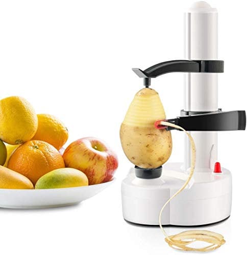Pelapatate elettrico, rotante, automatico per sbucciare le patate, sbucciare le mele, macchina per frutta e verdura, a spirale in acciaio inox, strumento da cucina (bianco)