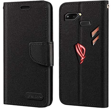 Oxford Stoff und PU Leder Flip Handyhülle Kompatibel mit Asus ROG Phone ZS600KL, Robuste Klapphülle mit Kartenfächern und Magnetverschluss (Schwarz)