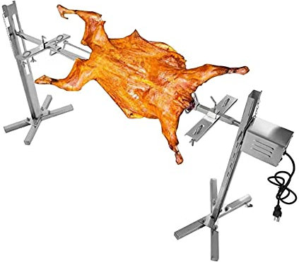 LNIBA Girarrosto Elettrico per Barbecue, Griglia per Maialino, Spiedo in Acciaio Inox, BBQ Roaster Motore Elettrico 15W, Carico Max: 70 kg, Stabile, 3 Elementi, Acciaio