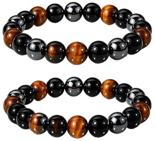WFJ Black Obsidian Hematite Triple Protection Bracelets Set - Tiger Eye Beaded Natural Stone Bracelet for Men Women Gemstone (10MM) (Triple Protection Set of 2 – Men’s M–L Wrist)