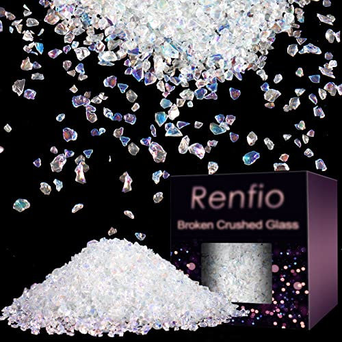 Renfio Broken Crushed Glass Glitter Shards Crush 2-4mm Irregular Small Metallic Chunky Chips 3.5 Oz (100g) High Luster Craft Sequins Gravel for DIY Phone Case Geode Resin - Colorful White