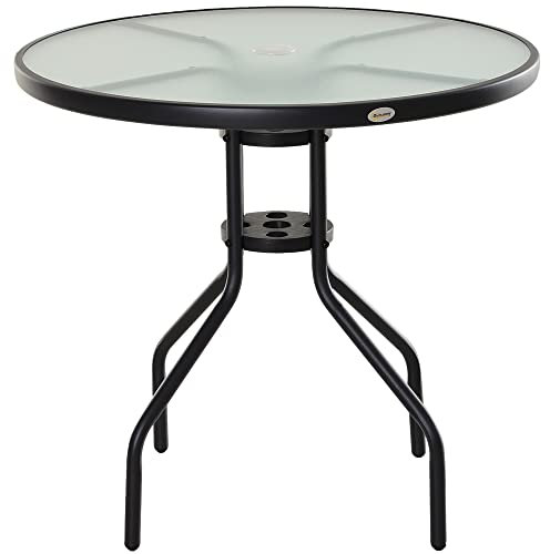 Outsunny Mesa de Jardín Redonda Mesa Comedor de Cristal Templado con Agujero para Sombrilla y Estructura Metálica para Patio Terraza Balcón Exterior Ø80x72 cm Negro