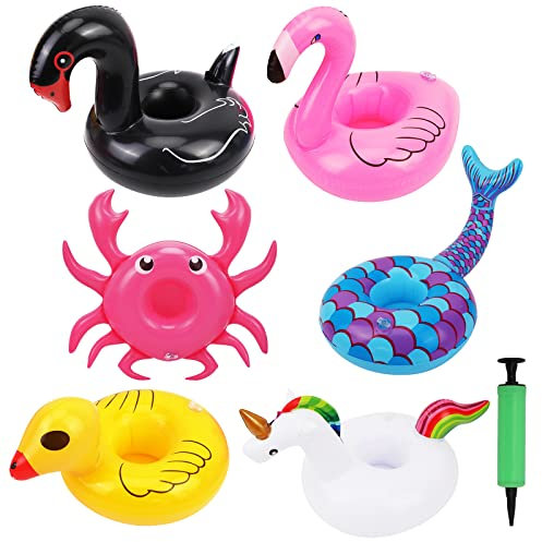 6Stück Aufblasbare Getränkehalter Set, Schwimmendes Aufblasbarer Flaschenhalter Pool Untersetzer Schwimmende Becherhalter Bier Aufblasbares Flaschenhalter Badespielzeug mit Luftpumpe