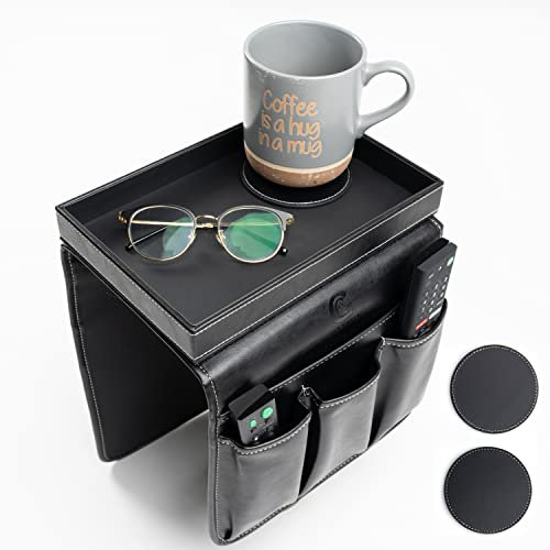 GLOCHYRA Armchair Caddy Remote holder for Recliners Armrest Organizer PU Leather - 5 Pockets Chair Caddy for phone, magazine with Detachable Arm Tray for Snacks- Comes with 2 Piece Coaster (Black)