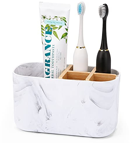 GFWARE Toothbrush Holders for Bathrooms, 5 Slots Bamboo Toothbrush Holder Kids Electric Toothbrush Holder and Toothpaste Holder for Bathroom Countertop Accessories Storage, Marble Toothbrush Organizer