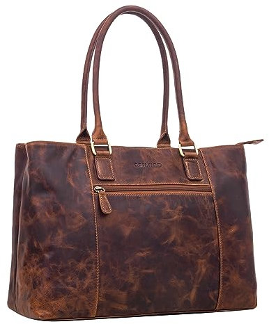 STILORD 'Marika' Shopper Damen Groß Echtleder braun mit Laptopfach 15,6 Zoll ideal als Vintage Ledertasche Businesstasche Arbeitstasche Frauen Handtasche und Schultertasche