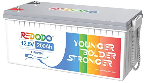 Redodo Bateria Litio 12V 200Ah,Bateria LiFePO4 Incorporada en 100A BMS,4000+ Ciclos MAX,10 Años Vida Útil,1280 W Potencia de Salida LiFePO4 Batería para Autocaravanas, Camping, Energía Doméstica
