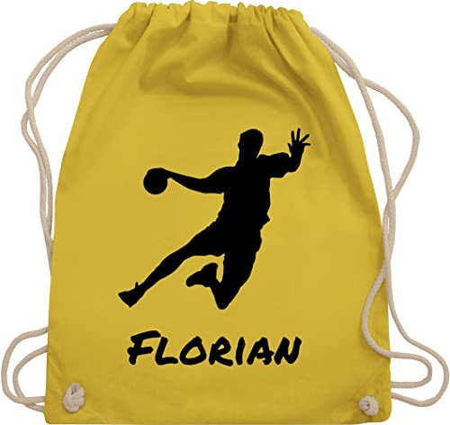 Turnbeutel Rucksack - Geschenke Handball Zubehör - Handballer Silhouette mit Name - Unisize - Gelb - für handballtasche von personalisiertes beutel handballrucksäcke wm turnsack tasche