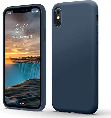 Flyzoo Flüssige Silikon Hülle für iPhone XS Max (6,5), Kratzfest & Anti-fingerabdruck Silicone Handyhülle mit Rundumschutz: 4-Schicht Schutzhülle, Erhöhter Rand für Bildschirm & Kamera, Dunkelblau
