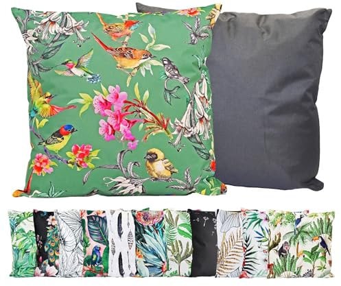 JACK Outdoor Motiv Kissen 45x45cm Lounge Dekokissen inkl. Füllung Wasserabweisend Sitzkissen Garten Stuhl, Farbe:Vögel Grün