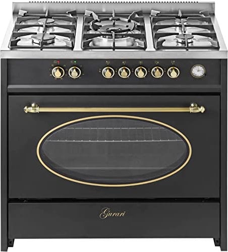 GURARI Stufa a Gas Elettrico 914 Bl Retro, 90 cm/Nostalgie Range Coocker / 121L / 8 Funzioni/Aria Calda/Barbecue / 5 Bruciatori Alta Qualità / 4 kw WOK/Gas Naturale/Propano