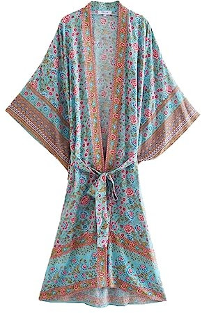 Bohemian Rayon Cotton Floral Print Robes Women Casual Resort Batwing Sleeve Duster Kimonos
