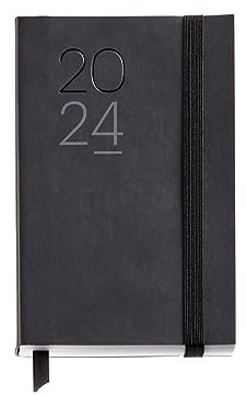 Miquelrius - Jahresplaner 2024, Wochenansicht, Querformat, Passport 90 x 140 mm, flexibler Einband aus Kunstleder genäht, Katalanisch, Englisch und Portugiesisch, Schwarz