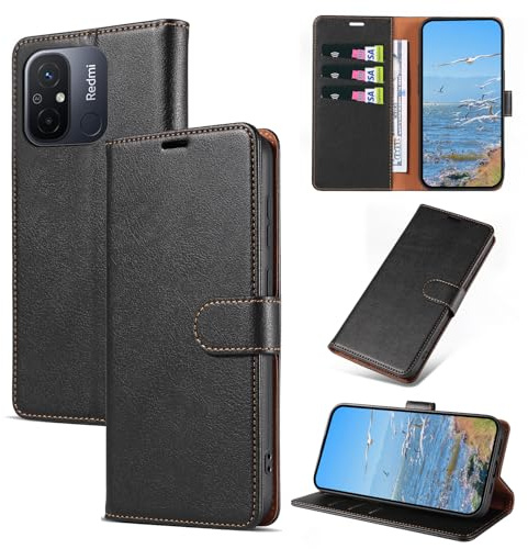 KKEIKO Handyhülle für Xiaomi Redmi 12C / Xiaomi Redmi 11A Hülle, Magnet Klappbar Handyhülle mit Kartenfach, PU Leder Stoßfest Schutzhülle für Xiaomi Redmi 12C / Xiaomi Redmi 11A, Schwarz