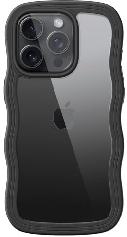 JETech Niedliche Hülle für iPhone 15 Pro 6,1 Zoll, Wellen Lockige Form Stoßfestes Handy Schutzhülle für Frauen und Mädchen, Klare Harte PC Rücken (Schwarzes Titan)