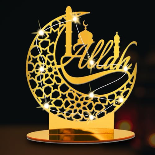 IWTBNOA Acryl Eid Mubarak Tischdekoration mit Lichterkette, LED Muslim Ramadan Lichter, Ramadan Dekoration LED Lamp, Muslimisches Festival Islamisches Dekor für Eid Mubarak LED Geschenk Zuhause