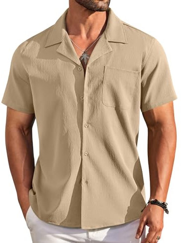COOFANDY Mens Summer Shirt Short Sleeve Casual Beach Shirts Regular Fit Vacation Tops with Pocket Khaki XL