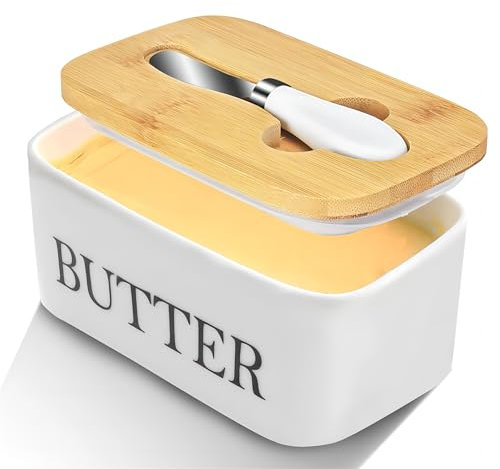 Ceramic Butter Dish with 1 Butter Knife, White Porcelain Butter Container, 600ml Butter Storage Box with Wooden Lid & Silicone Seal, Large Airtight Butter Keeper, Rectangular Covered Butter Holder