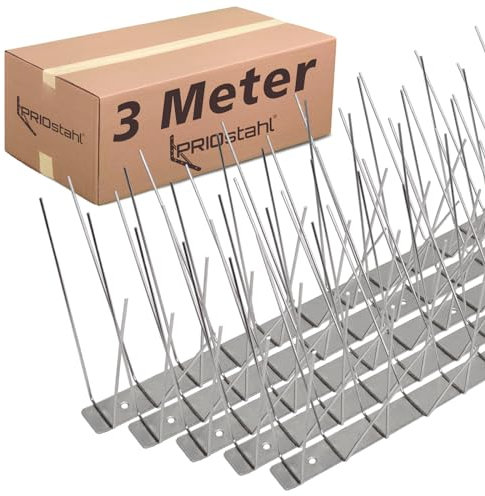 PRIOstahl Taubenabwehr Taubenspikes Vogelabwehr mit Edelstahlgrundplatte 4-reihig 3 Meter (6 x 0,50cm Spikes) Vogelschutz Abwehr für Balkon Dach Fenster UV-Beständig & rostfrei Edelstahl V2A