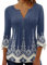 ABYOVRT Bluse Damen Elegant V-Ausschnitt 3/4 Arm Tunika Tops Locker Blumen Oberteile Henley Longshirt Lässige T-Shirt Langarm Hemd,Blau-2,XXL