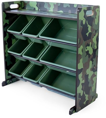 Humble Crew Toy Storage Organizer with Top Shelf and 9 Removable Bins, Camo/Army Green – Toddler Bookshelf with Toy Organizer - Modern Toy Rack Ideal for Kids' Rooms, Playrooms, and Nurseries