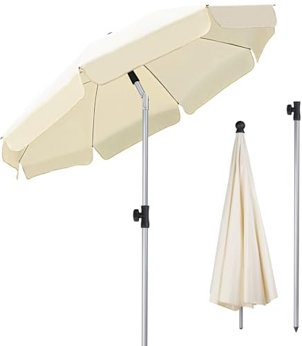 TLGREEN 2m Beach Parasol, Portable Tilting Garden Umbrella, Outdoor Sun Shade with UV Protection, 8 Steel Ribs, Base Not Included, for Outdoor Beach/Garden/Pool/Patio, Beige