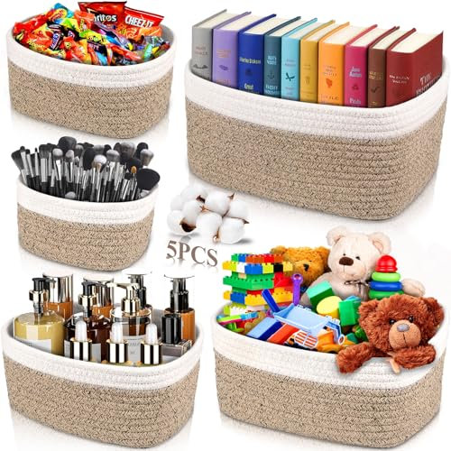ZHHGOO 5 Piezas Cestas Almacenaje de Cuerda de Algodón,Cesta Bebe Organizadoras,Juego de Cajas de almacenaje para Organización y Almacenaje Para Dormitorio,Baño,Armario,Juguetes,Maquillaje