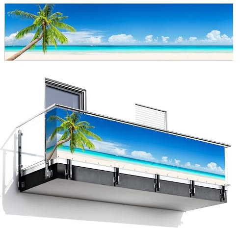 MuchoWow© Balkon Seitensichtschutz Einseitig 130x500 cm Groß PVC Terrassen Gartensichtschutz ohne Bohren Wetterfest Zaun Schutz Terrasse Balcony Decoration Palme - Strand - Meer