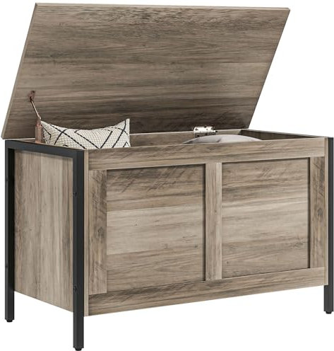 HOMCOM Baúl de Almacenaje para Dormitorio 95 L Puff de Almacenaje con Tapa Banco de Almacenaje Versátil con Bisagra de Seguridad para Pasillo Salón 80x40x50 cm Marrón Grisáceo