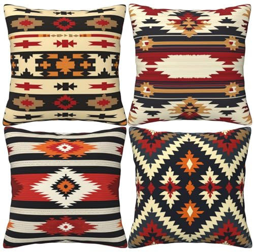HOSTECCO Ethnische Tribal Kissenbezug 45x45 4er Set Mexikanische Dekorative Kissenbezüge für Sofa, Couch