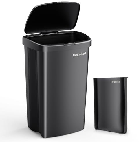 lovewind Kitchen Bin 45L, Plastic Trash Can, Black Rubbish Bin with Press Open Lid and Foldable Storage, for Indoor kitchen, Home, Courtyard