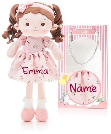 LeyaDoll Personalisierbare Stoffpuppe 40 cm, Geschenk für Mädchen ab 1 Jahr | Rosa Geschenktüte inklusive, weich & maschinenwaschbar – Kuschelpuppe als Geschenk zum Geburtstag oder zur Babyparty