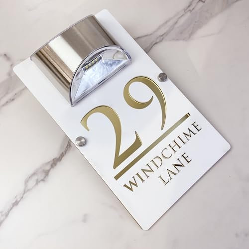 Personalised Solar LED House Number Sign – Custom Illuminated Door Plaque with Laser Engraving – Waterproof Acrylic Address Plate – Auto ON at Night for Home Wall, Fence or Gate (White gold)