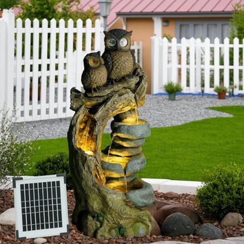 Bumilgar 87 CM Outdoor Garden Water features, 3 Tier Cascading Wood Owls Waterfall Fountain with Lights for Garden, Patio, Backyard, Deck, Porch and Home Art Decor