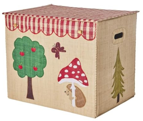 RICE Aufbewahrungskorb Happy Forest | Kinderzimmer-Korb mit Waldmotiv, Deckel & Griffen | Handgefertigt aus Raffia | 52x37x41 cm | faltbar & dekorativ