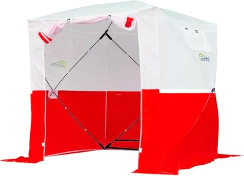 Goutime Faltbares Arbeitszelt Montagezelt Bauzelte 2 x 2 m (Rot und Weiß) | mit Reflektoren, schneller Aufbau, wetterfest & sonnengeschützt, tragbares Montagezelt für Baustellen