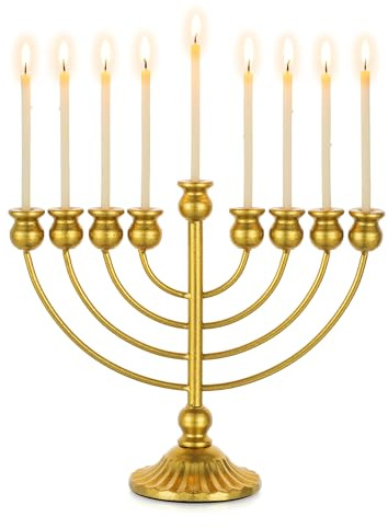 Sziqiqi Chanukka Leuchter für Chanukka Kerzen: 9 Armig Hanukkah Menorah 26 cm Höhe - Groß Chanukkia Gold Kerzenleuchter für Hanukkah Tisch Kamin Fensterbank
