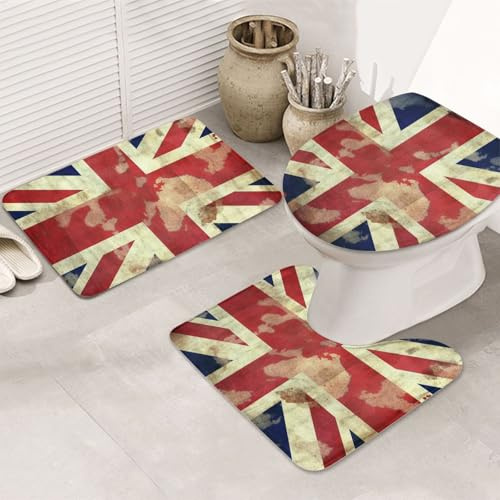 3 Piece Bathroom Rug Set Non Slip Washable Shower Mats With U-Shaped Contour Toilet Mat Absorbent Microfiber Bath Mats Vintage Union Jack British Flag Bathroom Floor Mats For Tub Shower Room Decor