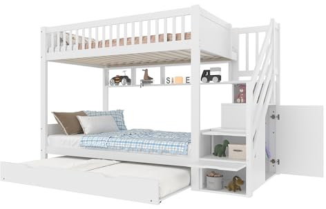 WEALTHOUSE Etagenbett mit Ausziehbett und Kleiderschrank, Treppe mit Staufächern, integrierten Regalen, platzsparendes Bett für Familien, Mehrzweck Möbel für Schlafzimmer und Gäste (Weiß,90x200cm)