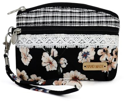 MultiValue Petit Porte Monnaie Femme, Motif Fleur Mini Porte Monnaie avec Bracelet Pochette Tissu Zippée pour Stocker des Cartes de Pièces