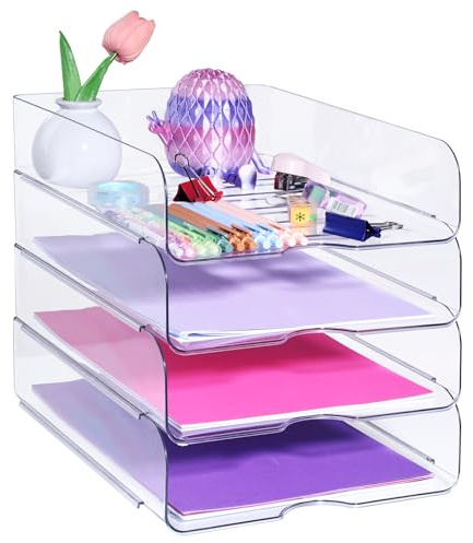 EasyOFC Clear Desk Organiser, Stackable 4-Pack Paper Letter Tray, Desk File Holder for A4 Paper, Documents, Notes,Books