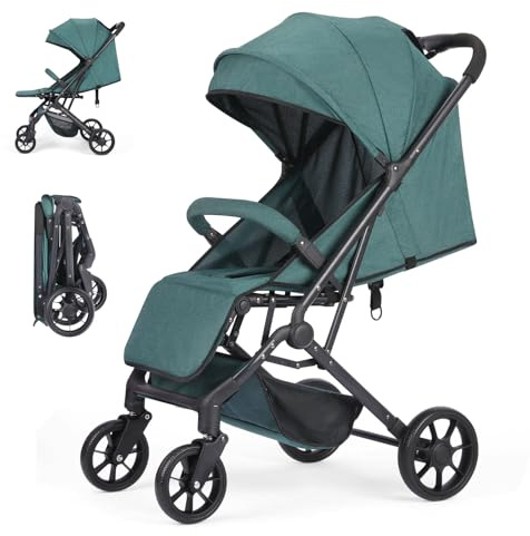 Faltbar Kinder-Buggy Kinderwagen, Regulierbarer 5-Punkt-Sicherheitsgurt, Zusammenklappen mit einer Hand, großes Verdeck, Robuster alle 4 Räder gedämpft, geräumige Sitz, Einkaufskorb (Dunkelgrün)