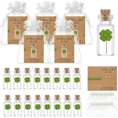 XineYuor 16 Set Glück Geschenk Glücksbringer,Echtes Vierblättriges Kleeblatt im Glas Mullbeutel, Grußkarte, Hanfseil,Glückskarten Kleines Geschenk für Glück Wunscherfüller zu Geburtstag（16 Set）