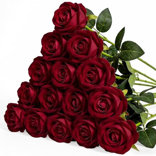 Riqiaqia 15 Stück Weinrote Künstliche Rosen, Dunkelrot Künstliche Blumen, 52 cm Samtig Strukturiert Realistische Dekorative Künstliche Rosen Blumen für Hochzeit, Haus, Garten, Dekoration