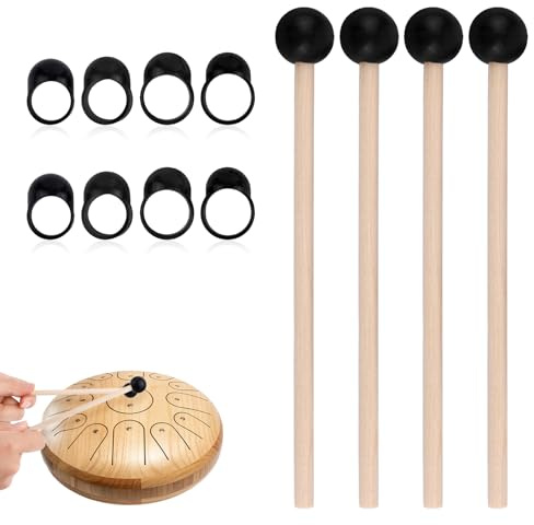 4pcs Tongue Drum Mallets, Xylophone Mallets with 8 Finger Cots Glockenspiel Drumsticks Rubber Percussion Sticks for Marimba Timpani Steel Tongue Drum Bell