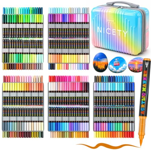 NICETY 360 Pcs Acrylstifte für Steine wasserfest, 1-5mm Spitze, Acrylic Paint Marker Set zum Bemalen auf Stein Holz Glas Keramik & Leinwand, hochdeckend, geruchsneutral