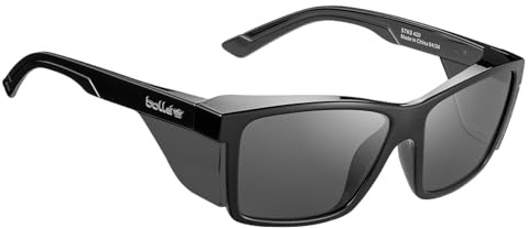 Gafas de seguridad Bollé STKS 420 con marco negro brillante y lente ahumado, diseñadas para apoyar la protección ocular, durabilidad y comodidad para el trabajo en el sitio y el uso profesional diario
